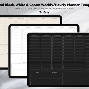 Könnte beinhalten: Drei digitale Planer-Vorlagen, die auf iPad-Bildschirmen angezeigt werden. Die Vorlagen sind in den Farbschemata Schwarz, Weiß und Creme gehalten. Jede Vorlage verfügt über ein wöchentliches und stündliches Planerlayout mit Abschnitten für Montag bis Sonntag, eine Prioritätsmatrix und Notizen.
