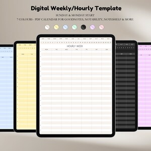 May include: Seven digital weekly/hourly planner templates in different colors: light green, light blue, yellow, beige, black, light pink, and pink. Each template has a calendar with days of the week and hourly slots. The text "HOURLY WEEK" is at the top of the template.