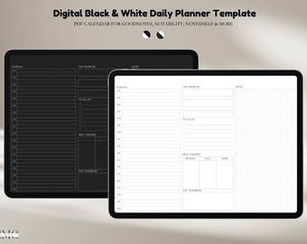 Plantilla de planificador diario en blanco y negro sin fecha para Goodnotes y Notability (PDF)