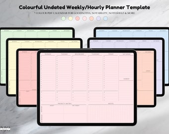 Plantilla de planificador semanal por horas multicolor sin fecha (PDF)