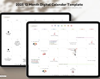 2025 Monthly Digital Planner: Sunday/Monday Start (PDF for Goodnotes, Penly, Notability)