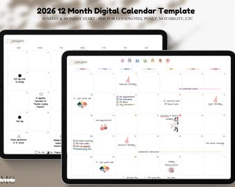 Planificador digital mensual 2026: inicio en domingo/lunes (PDF para Goodnotes, Penly y Notability)