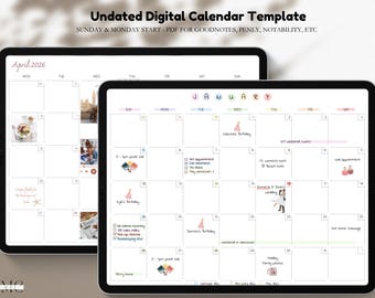 Planificador digital mensual sin fecha: inicio en domingo/lunes (PDF para Goodnotes, Penly y Notability)