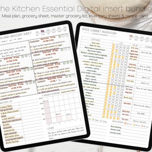 May include: Two digital planner pages for meal planning and grocery shopping. The left page has a weekly meal plan with a grocery list and a section for tracking weekly expenses. The right page is a spice cabinet inventory with a list of spices and a section for tracking when they were last used. Both pages have a calendar with months of the year.