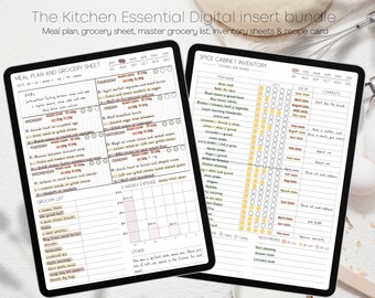 Paquete de insertos para planificador de cocina: tarjetas de recetas, plan de comidas, lista de compras (pegatina de Goodnotes)