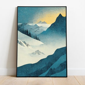 Download de impressão de montanha de inverno, arte para impressão de ilustração de floresta nevada de inverno, download digital, arte para download, arte para impressão, Natal