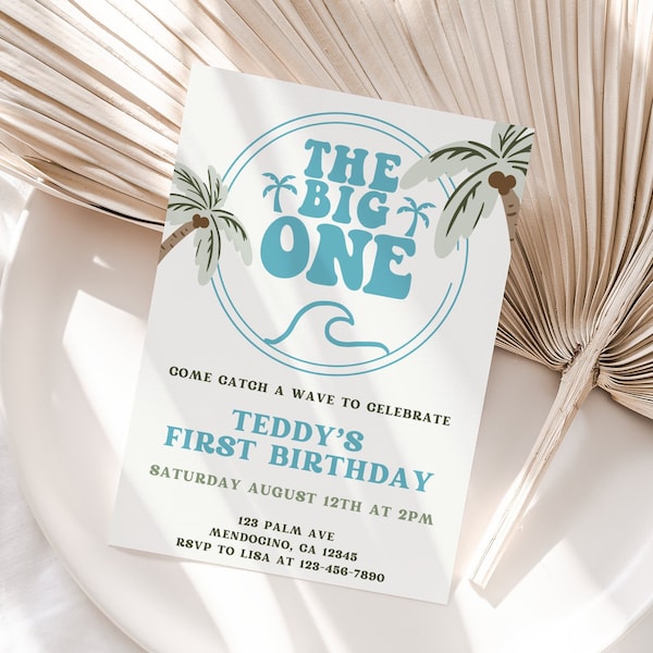 The Big One Invite 1st Birthday Invitation Surf Birthday Invitation Surfs Up Palm Trees One Year Surf Birthday Invite Boy First Birthday