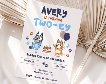 Bluey two-ey Editable Birthday Invitation Template, Printable Party Invites, Digital Bday, twoey bingo 1st 2nd 3rd 4th instant download