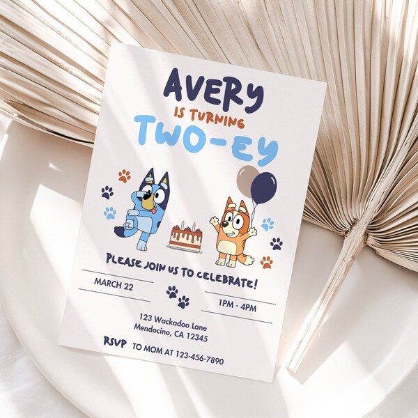 Bluey two-ey Editable Birthday Invitation Template, Printable Party Invites, Digital Bday, twoey bingo 1st 2nd 3rd 4th instant download