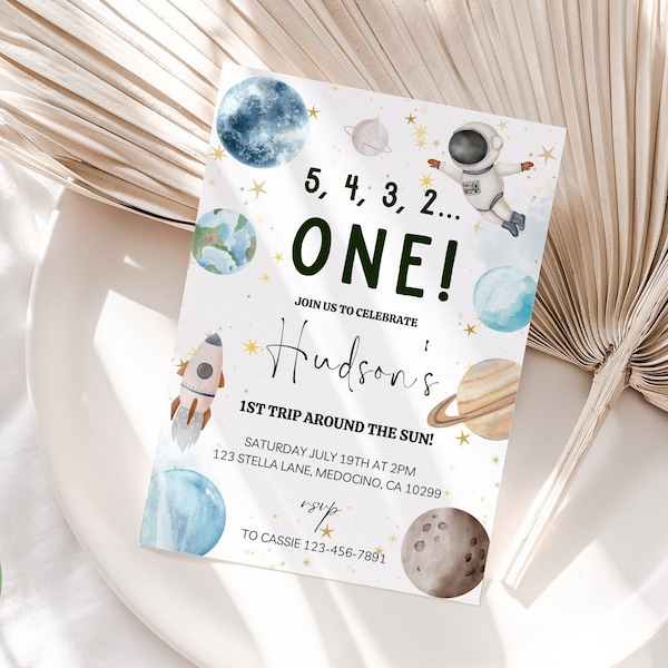 First Trip Around the Sun Birthday Party Invitation, 1st Birthday Party Invite, Space Invitation Boy, Astronaut Invite, Instant Download