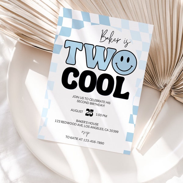 Two Cool invite, Boys 2nd Birthday Invitation, Two Cool birthday invitation, Smiley Face, happy face, Second Birthday, Party theme Blue Bolt
