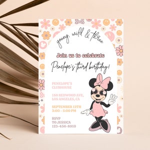 Minnie Mouse 3rd Birthday Invitation, Young Wild and Three Minnie Mouse Invite, Three Year Old Girl Party, Young, Wild and 3 Groovy Peace