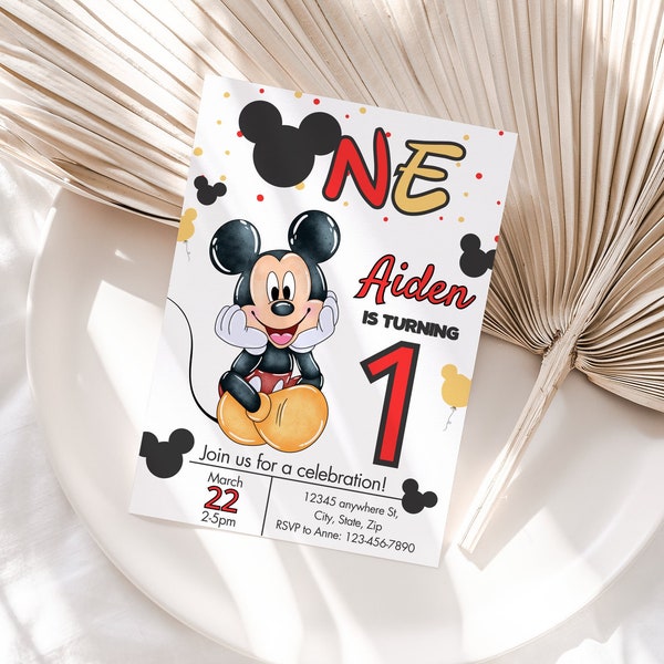 Mickey Mouse Birthday, Boy 1st Birthday, Printable First Birthday Invitation Disney One Year Old Birthday Instant Download red yellow dots