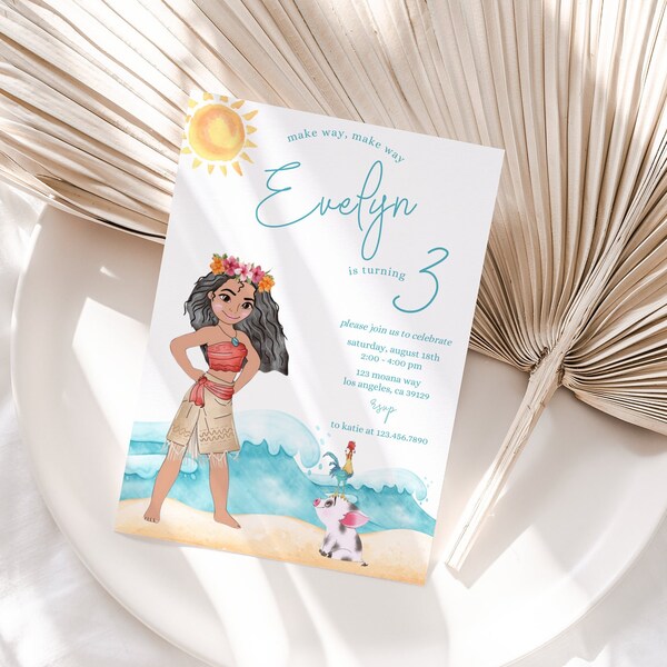 Moana Invitation, Moana birthday invitation, Watercolor Moana Birthday Invitation, Moana Luau invitation, Aloha birthday, hei hei birthday