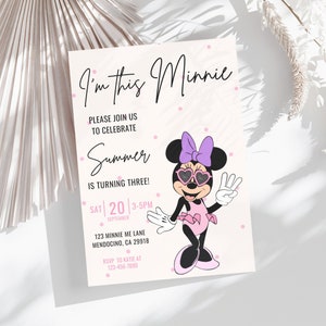 I'm This Minnie Mouse, girl summer Birthday Invite | Printable Third template, 3rd Girl Birthday Invite pool Party swim groovy, purple pink