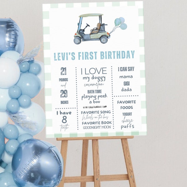 Golf First Birthday Milestone Poster, Hole in One sign decor Masters Hole-in-One instant Download 1st Birthday Boy Party Golf cart plaid