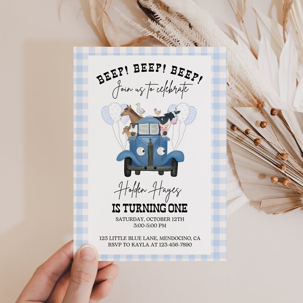 FARM 1st Birthday Invitation | Blue Truck | Oink Cluck Baa Moo | First birthday Old McDonald Barnyard Animals Little Blue | INSTANT DOWNLOAD