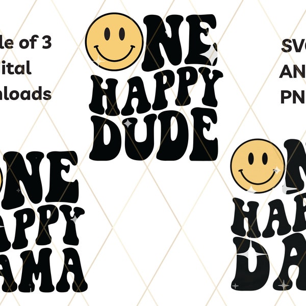 One Happy Dude PNG SVG, 1st Birthday SVG, Retro Wavy Text, Happy Face, Trendy Sublimation Design, Digital Craft Files tshirt designs