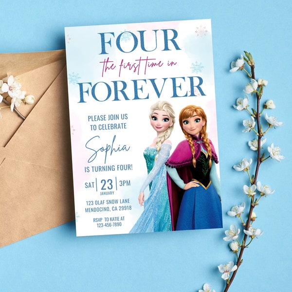 Frozen Birthday Invitation Princess Elsa Anna Invitation Frozen Party Invite Girl Frozen 4th birthday four the first time in forever Instant