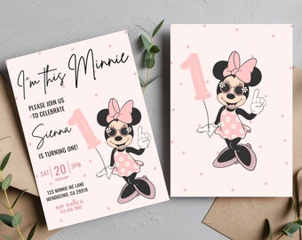 Ich bin diese Minnie, Minnie Maus erster Geburtstag, Mädchen 1. Geburtstag einladen, Disney 1. Geburtstag, Groovy Minnie, einjähriges Mädchen einladen, rosa