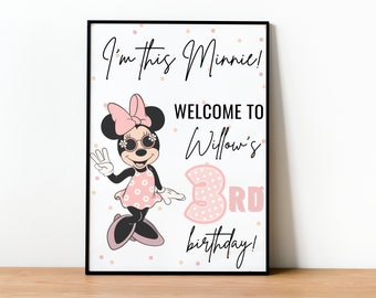 Minnie Mouse Party Poster, Welcome clubhouse, pink Minnie Mouse 3rd Birthday Invitation, Three year old Girl sign to, INSTANT DOWNLOAD edit