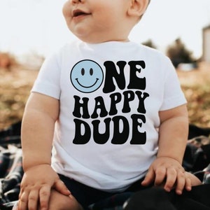 ONE Happy Dude Party Shirt, Blue Happy Face 1st First Birthday Invitation Shirt, Boho Boy t-shirt Smiley Face, Boy First Birthday Shirt tee