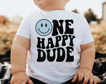 ONE Happy Dude Party Shirt, Blue Happy Face 1st First Birthday Invitation Shirt, Boho Boy t-shirt Smiley Face, Boy First Birthday Shirt tee