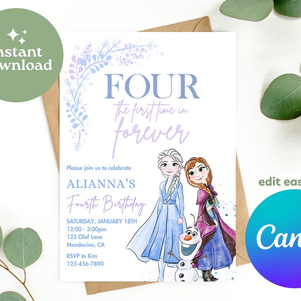 Frozen Birthday Invitation Princess Elsa Anna Invitation olaf Party Invite Girl Frozen 4th birthday four the first time in forever Instant
