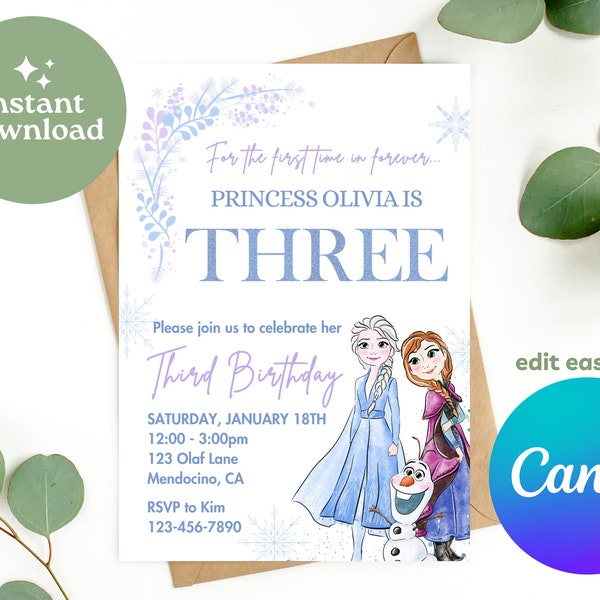 FROZEN 3rd birthday Invitation Elsa Winter Snow Birthday Printable, Editable Instant Download Template Frozen Invite Anna Olaf Purple Blue