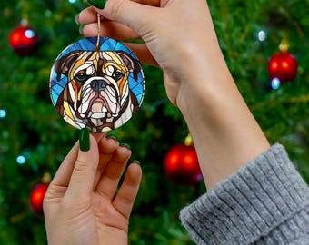 Colorful Bulldog Stained Glass Ceramic Ornament, Christmas Tree Decor, Holiday Gift, Home Decor, Hanging Decoration, Pet Lover Gift