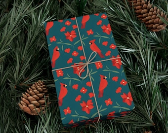 Christmas Cardinal Gift Wrap Papers, Holiday Wrapping Paper, Red Poinsettia Gift Wrap, Festive Gift Wrap, Decorative Wrap Paper