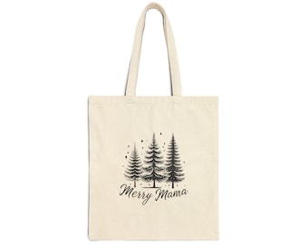 Merry Mama Tree Cotton Canvas Tote Bag, Holiday Shopping Bag, Christmas Gift, Eco-Friendly Shoulder Bag, Reusable Grocery Bag