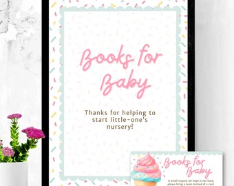 Books for Baby Shower Set – Ice Cream Theme | 8.5x11 Sign & Business Card Size Request Card | PDF Download | Pink and Blue Text Options