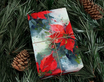 Wrapping Paper, Painted Poinsettia Christmas Holiday Gift Wrap Papers, Festive Gift Wrapping, Xmas Gift Wrap, Red Floral Wrapping Paper,