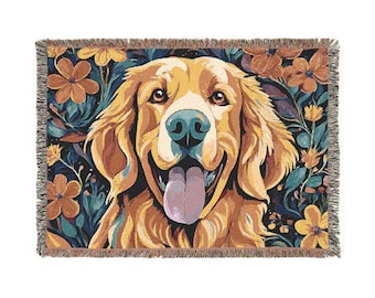 Golden Retriever Woven Blanket, Dog Lover Gift, Cozy Home Throw, Pet Décor, Floral Design Blanket, Ideal for Pet Lovers, Birthday Gift