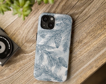 Blue Pinecone Winter Phone Case, Tough Phone Case for iPhone, Vintage Minimalist Cover, Protective Phone Case, Christmas Phone Accessories