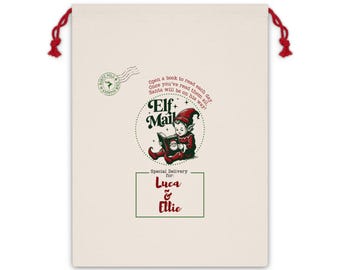 Christmas Elf Gift Bag, Holiday Advent Calendar for Books, Vintage Personalized Present Bag, December Count Down Pouch, Festive Xmas Sack