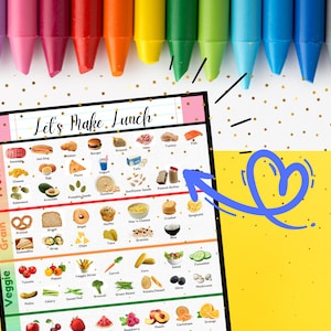 May include: A colorful chart titled "Let's Make Lunch" with three columns labeled "Protein", "Grain", and "Veggie". Each column has a list of food items, such as sausage, hot dog, cheese, pretzels, and tomatoes.