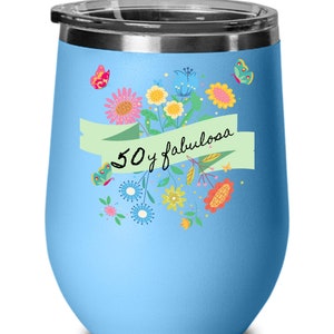 50 en Fantastisch. Verjaardagscadeau voor vriend en familie. Glas wijn in het Spaans voor vrienden