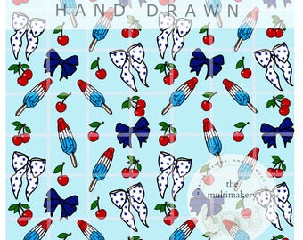 Eis am Stiel Kirschen und Bögen Rot, Weiß und Blau Sommer Nahtlose Muster Hand gezeichnet PNG Digital Papier Sublimation Stoff Oberfläche Design