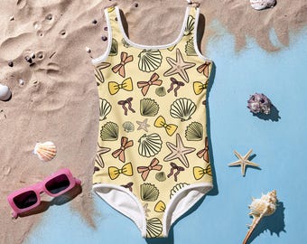 Beach Babe Shells and Bows All-Over Print Kids Swimsuit Cute Summery Style