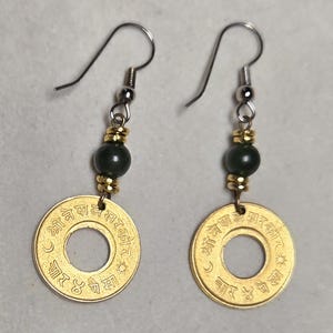 1950s "Nepal Bullet Paisa" "World War 2 Victory Nepalese 4 Paisa Brass Bullet Rifle Casing Coin" with Tourmaline Bead Hook Earrings