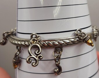 Brighton Silver Goldtone Charm Accents Swirls Hinged Bangle Bracelet size 7 3/4" 7.75"