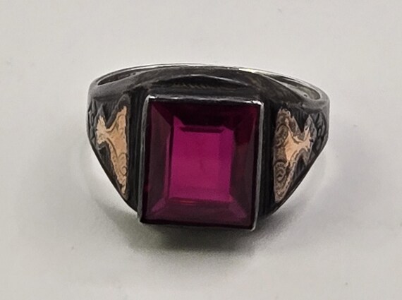 vintage Large rectangle ruby gold over sterling r… - image 4
