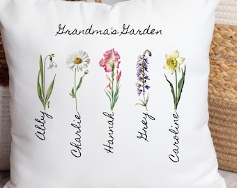 Personalized Grandma's Garden Birthflower Pillow, Custom Grandkids Names