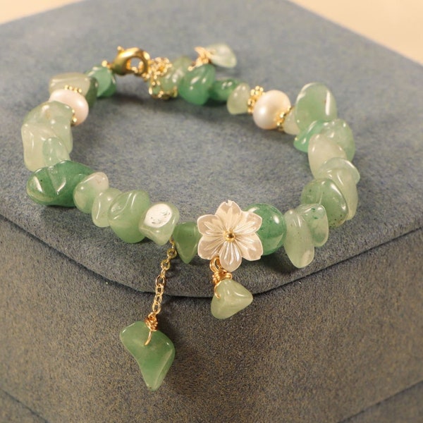 Groene kristal kralen edelsteen armband met bloem charme, sierlijke vriendschapsarmband, cadeau voor haar