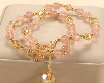 Strawberry Crystal Beaded Bracelet with Lock Pendant: Boho Layering