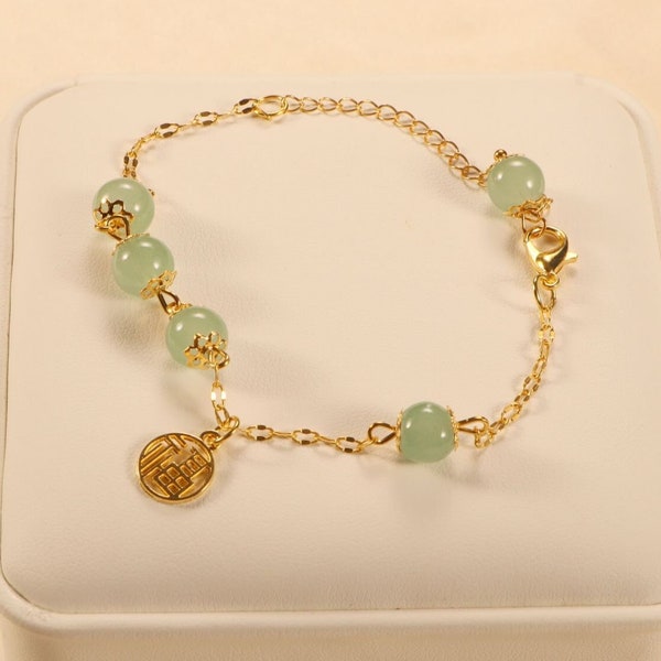 Dainty Jade Bracelet with Lucky Charm, 18K Gold Plated Finish Bracelet, Jewelry for Her