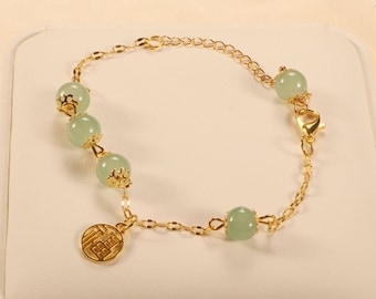 Dainty Jade Bracelet with Lucky Charm, 18K Gold Plated Finish Bracelet, Jewelry for Her