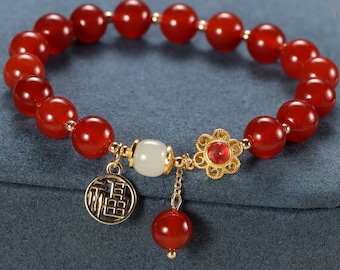 Red Agate Beaded Bracelet with Lucky Charm: Women's Friendship Jewelry